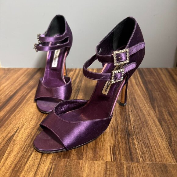 Manolo Blahnik Purple satin straps with rhinestones Glam Open Toe Stiletto Sz 36 - Picture 1 of 5